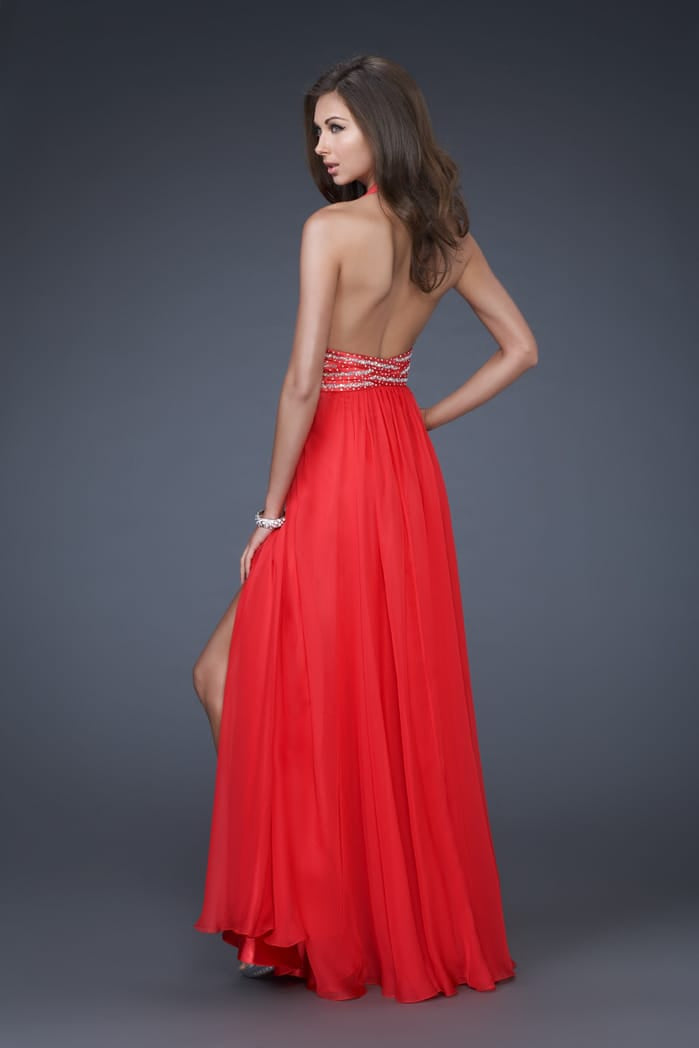 Picture of: Deep V Neck Halter Chiffon Dress with Beaded Detail in Red, Style: 16147, Back Picture