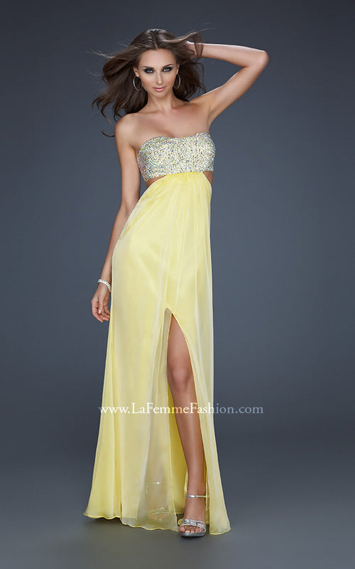 Picture of: Strapless Chiffon Gown with Beaded Bodice in Yellow, Style: 16291, Detail Picture 7