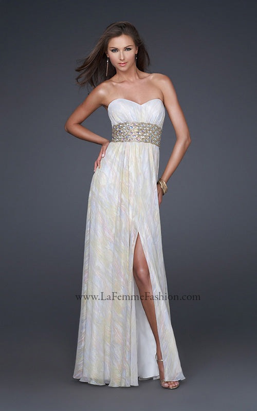 Picture of: Strapless Chiffon Gown with Beaded Waist and Front Slit in White, Style: 16372, Main Picture