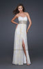Picture of: Strapless Chiffon Gown with Beaded Waist and Front Slit in White, Style: 16372, Main Picture