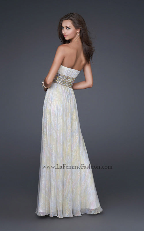 Picture of: Strapless Chiffon Gown with Beaded Waist and Front Slit in White, Style: 16372, Back Picture