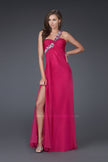 Picture of: Long Prom Gown with Floral Strap and Front Slit  in Hot Pink, Style: 16582, Main Picture