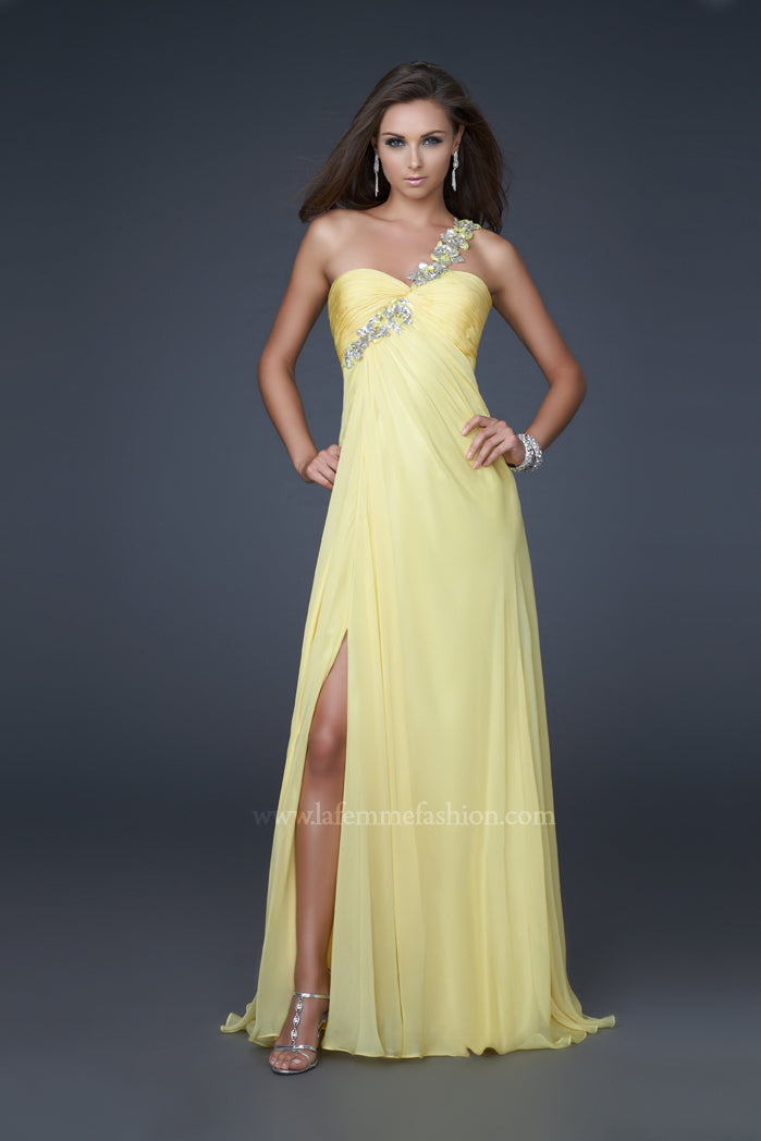 Picture of: Long Prom Gown with Floral Strap and Front Slit in Yellow, Style: 16582, Detail Picture 2