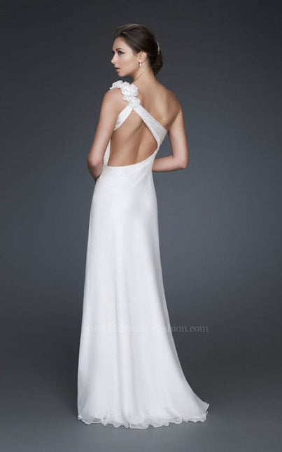 Picture of: One Shoulder Silk Chiffon Gown with Beading and Flowers in White, Style: 16747, Back Picture