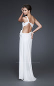 Picture of: One Shoulder Pleated Net Gown with Floral Detail and Slit in White, Style: 16759, Back Picture