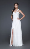 Picture of: Ruched Bust Prom Dress with Beaded Floral Strap in White, Style: 16760, Main Picture