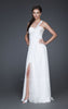 Picture of: Ruched Bust Prom Dress with Beaded Floral Strap in White, Style: 16760, Main Picture
