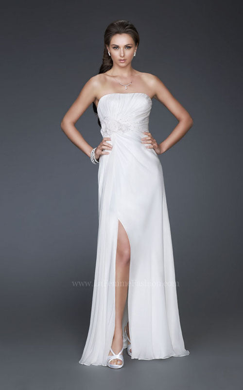 Picture of: Long Strapless Silk Chiffon Dress with Flower Embellishments in White, Style: 16763, Main Picture