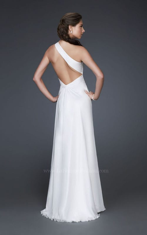 Picture of: One Shoulder Silk Chiffon Gown with Flower Accents in White, Style: 16770, Back Picture