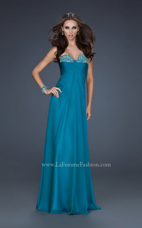 Picture of: Strapless Incrusted Chiffon Prom Dress with Gathering in Teal, Style: 17037, Detail Picture 1