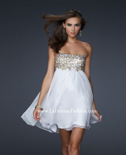 Picture of: Chiffon Cocktail Dress with Hand Painted Bust and Beads in White, Style: 17107, Main Picture