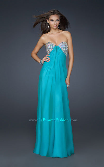 Picture of: Long Chiffon Dress with Beaded Bust and Low Back in Teal, Style: 17118, Main Picture