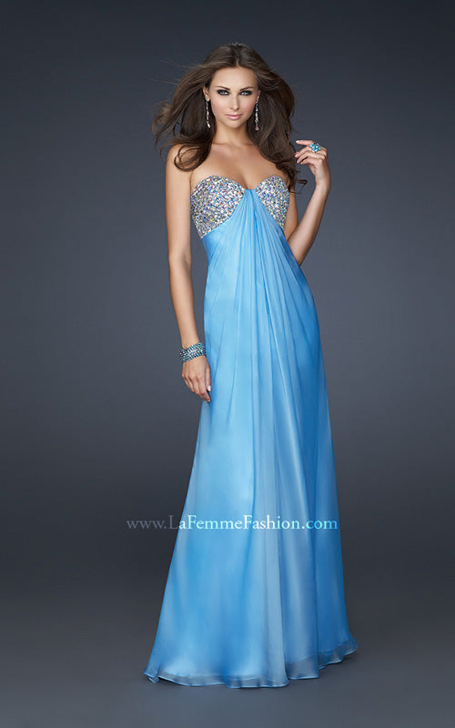 Picture of: Long Chiffon Dress with Beaded Bust and Low Back in Blue, Style: 17118, Detail Picture 2