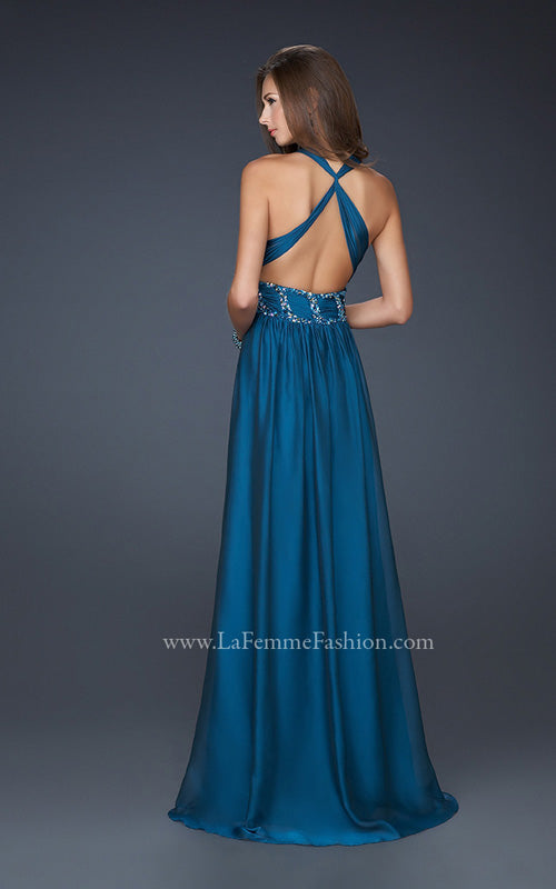 Picture of: Chiffon V Neck Style Prom Gown with Beaded Belt in Navy, Style: 17160, Back Picture
