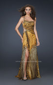 Picture of: Long Printed Prom Dress with Detailed Beaded Straps in Gold, Style: 17207, Back Picture