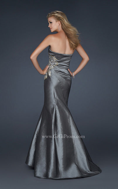 Picture of: Long Mermaid Taffeta Gown with Hip Embellishment in Silver, Style: 17234, Back Picture