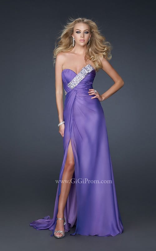 Picture of: Front Slit Long Prom Dress with Pleated Bust and Beads in Purple, Style: 17312, Main Picture