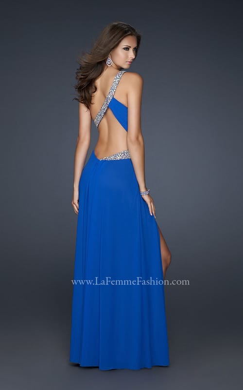 Picture of: One Shoulder Strap Net Dress with Open Back and Beads in Blue, Style: 17445, Back Picture
