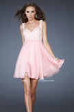 Picture of: Chiffon Cocktail Dress with Lace Bust Embellishment in Pink, Style: 17446, Detail Picture 1