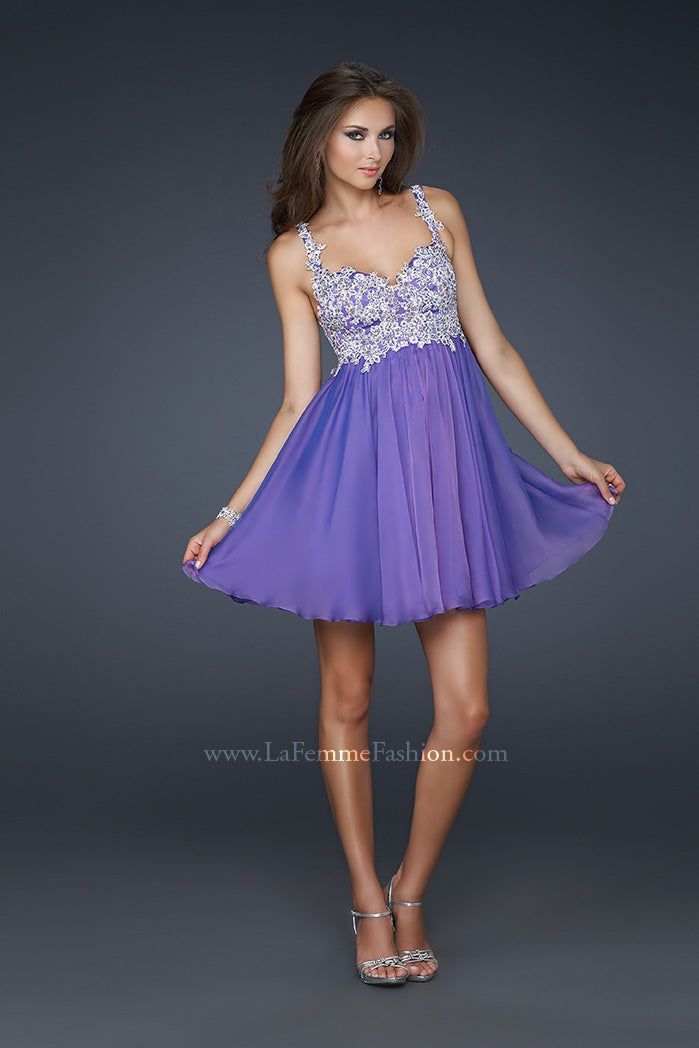 Picture of: Chiffon Cocktail Dress with Lace Bust Embellishment in Purple, Style: 17446, Detail Picture 2