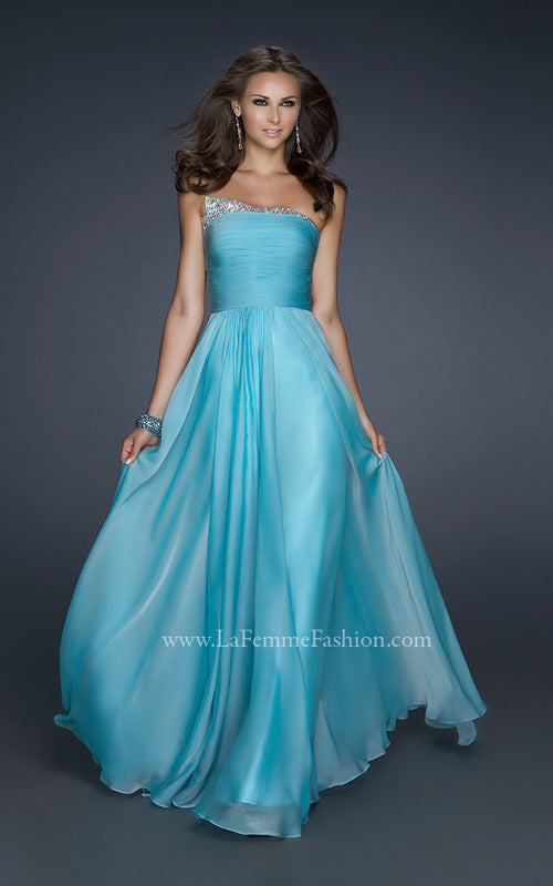Picture of: Chiffon Dress with Pleated Front and Beaded Detail in Blue, Style: 17475, Detail Picture 2