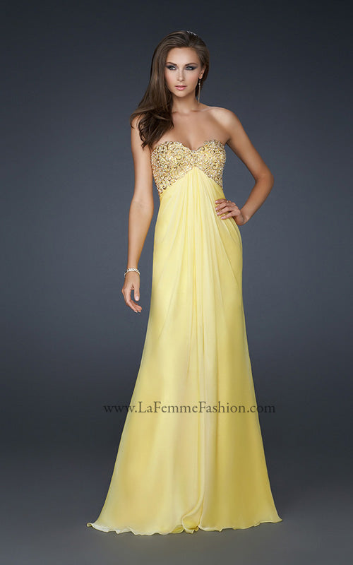 Picture of: Patterned Chiffon Prom Dress with Embellished Bust in Yellow, Style: 17499, Detail Picture 2