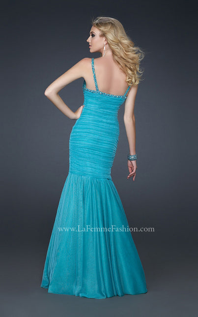 Picture of: Form Fitting Mermaid Dress with Beaded Neckline in Blue, Style: 17508, Back Picture