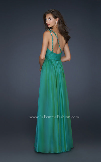 Picture of: Full Length Chiffon Gown with Embellished Shoulder Strap in Green, Style: 17575, Back Picture