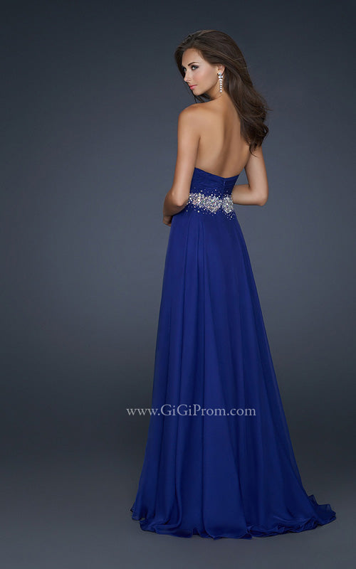 Picture of: Full Length Chiffon Gown with Embellished Waist Band in Blue, Style: 17613, Back Picture
