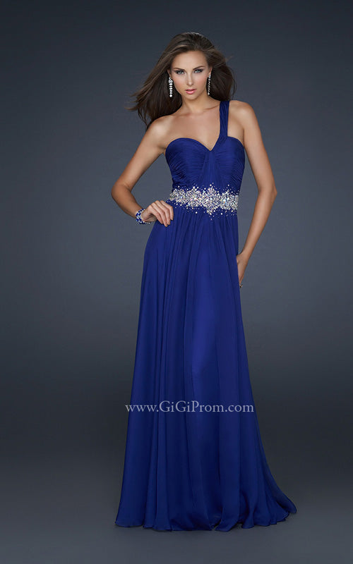 Picture of: Full Length Chiffon Gown with Embellished Waist Band in Blue, Style: 17613, Detail Picture 1