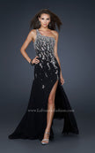 Picture of: One Shoulder Chiffon Gown with Intricate Back and Slit in Black, Style: 17706, Main Picture