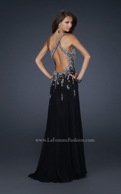 Picture of: One Shoulder Chiffon Gown with Intricate Back and Slit in Black, Style: 17706, Back Picture
