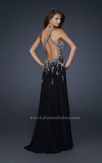 Picture of: One Shoulder Chiffon Gown with Intricate Back and Slit in Black, Style: 17706, Back Picture