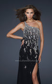 Picture of: One Shoulder Chiffon Gown with Intricate Back and Slit in Black, Style: 17706, Detail Picture 1