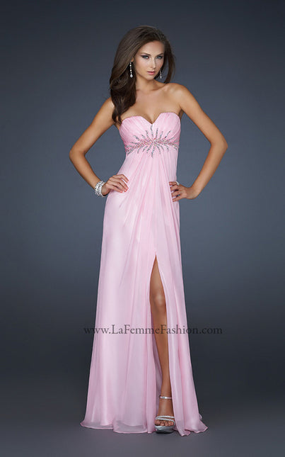 Picture of: Chiffon Empire Waist Prom Dress with Beads and Slit in Pink, Style: 17712, Main Picture