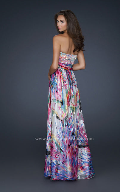 Picture of: Full Length Strapless Silk Burnout Prom Dress in Print, Style: 17735, Back Picture