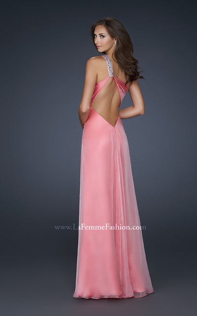Picture of: Long Chiffon Gown with Embellished One Shoulder Strap in Pink, Style: 17803, Back Picture