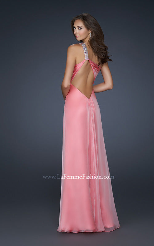 Picture of: Long Chiffon Gown with Embellished One Shoulder Strap in Pink, Style: 17803, Back Picture
