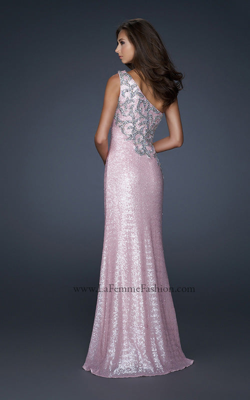 Picture of: One Shoulder Sequined Gown with Embellishments in Pink, Style: 17804, Back Picture