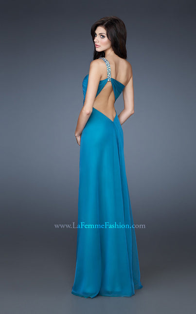 Picture of: Chiffon A-line Dress with Beaded One Shoulder Strap in Blue, Style: 17966, Back Picture