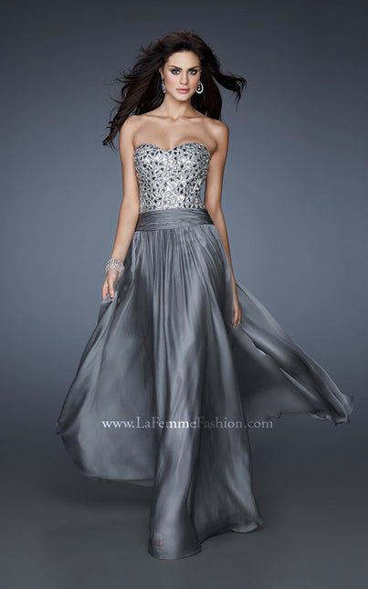 Picture of: Sequined Bodice Prom Dress with Criss Cross Back Straps in Silver, Style: 18026, Main Picture
