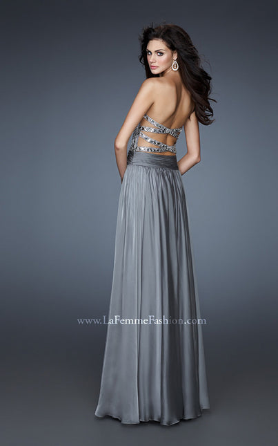 Picture of: Sequined Bodice Prom Dress with Criss Cross Back Straps in Silver, Style: 18026, Back Picture