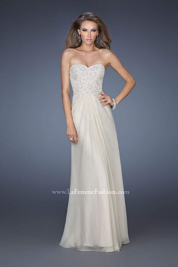 Picture of: Strapless Jeweled Prom Gown with Chiffon Overlay in Nude, Style: 18069, Main Picture