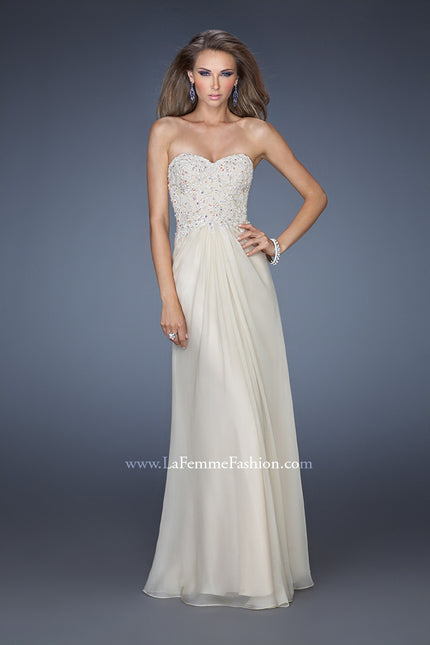 Picture of: Strapless Jeweled Prom Gown with Chiffon Overlay in Nude, Style: 18069, Main Picture