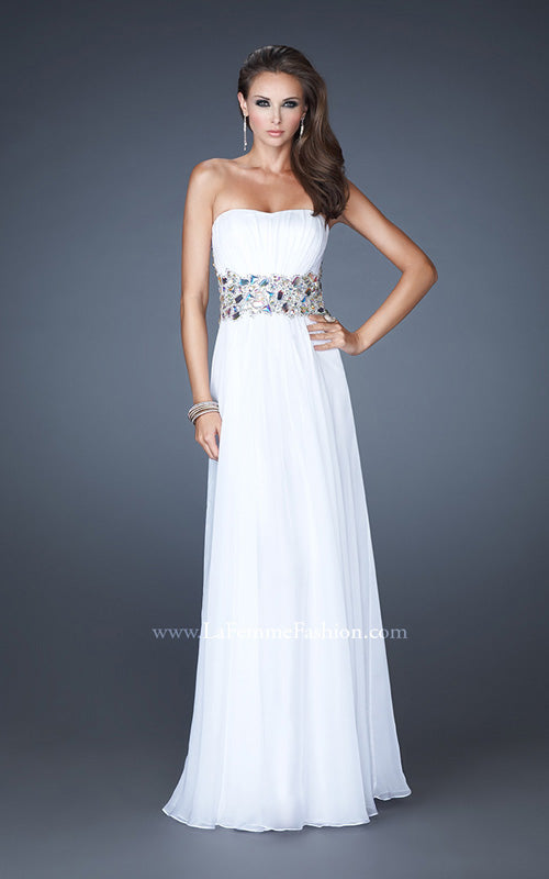 Picture of: Strapless Gown with Dramatic Waist and Rhinestones in White, Style: 18123, Detail Picture 2
