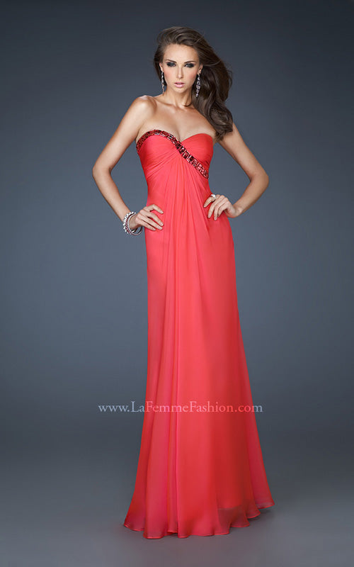 Picture of: Chiffon prom Gown with Gathered Bodice and Stones in Orange, Style: 18186, Detail Picture 1