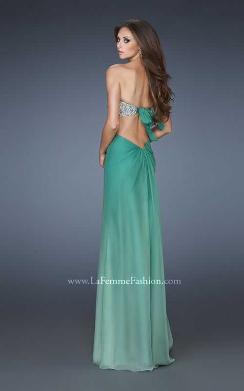 Picture of: Strapless Chiffon Dress with Beaded Bodice and Cut Outs in Green, Style: 18429, Back Picture