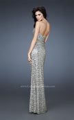 Picture of: Glam Sequined Gown with High Front Slit and Gathers in Silver, Style: 18443, Back Picture
