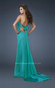 Picture of: Chiffon Halter Gown with Rhinestones and Open Back in Green, Style: 18490, Back Picture
