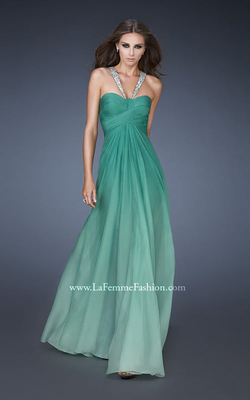 Picture of: Beaded V Strap Prom Dress with Subtle Ombre and Cut Outs in Green, Style: 18529, Detail Picture 1